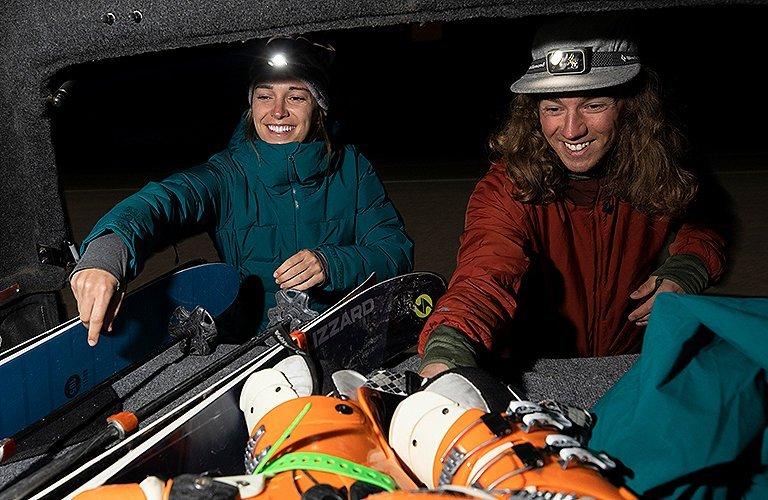 Two backcountry skiers get ready for dawn patrol in the Phantom Parka