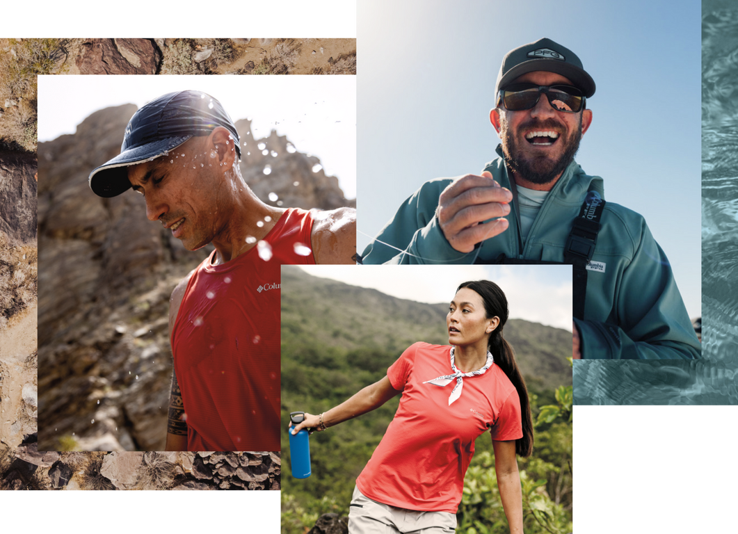 Three people wearing outdoor apparel engaged in hiking and water activities in natural settings.