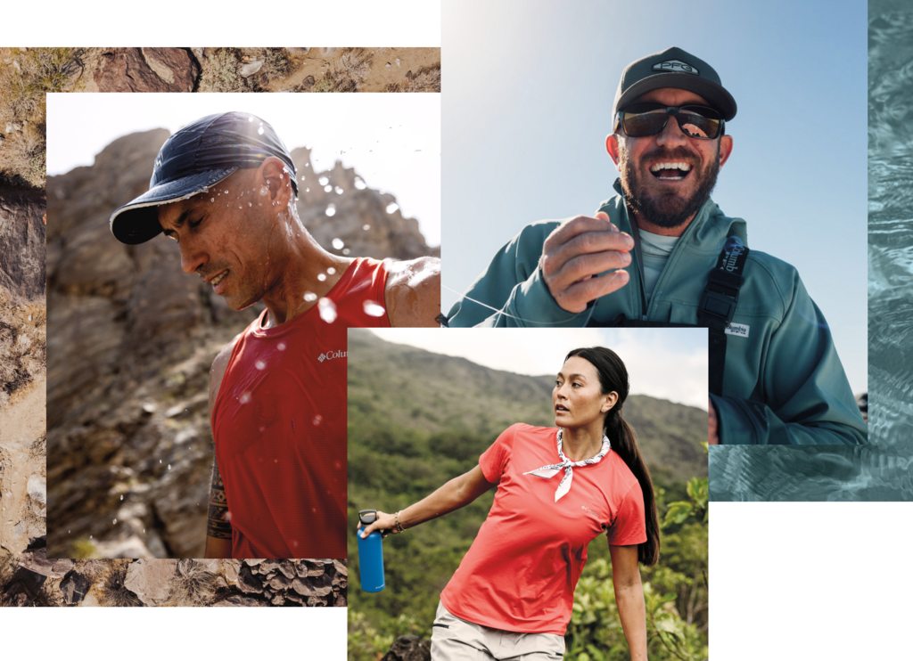 Three people wearing outdoor apparel engaged in hiking and water activities in natural settings.