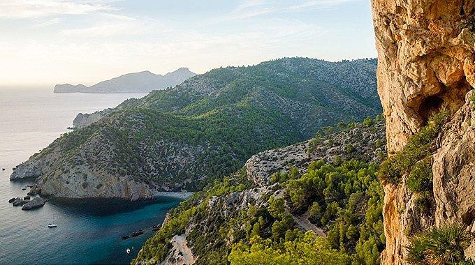 Beautiful view of Cala d'Egos from high above the Balearic Sea.