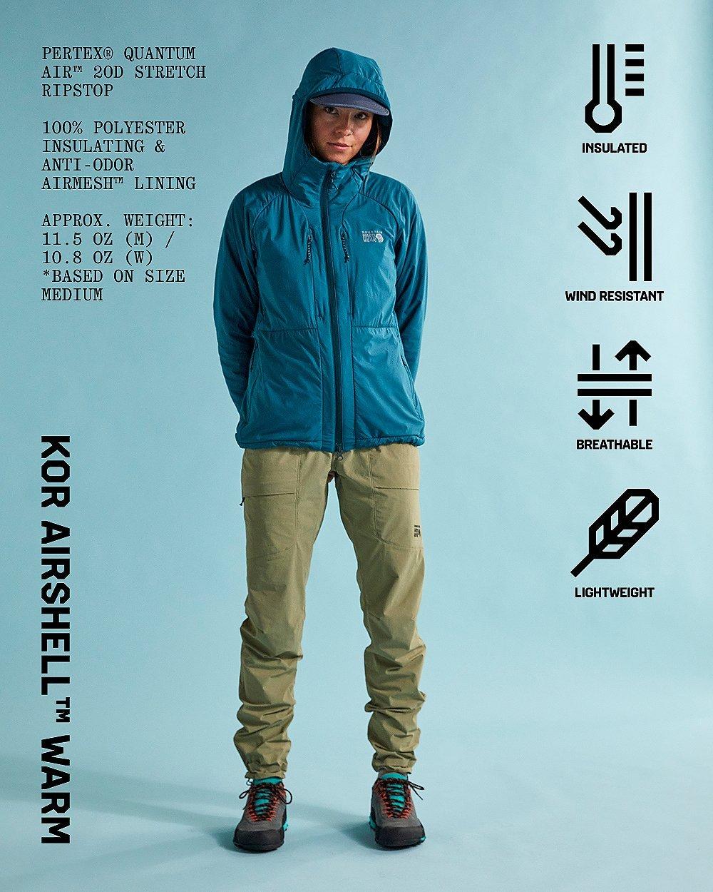 Kor AirShell Warm Hoody: Insulated, Wind Resistant, Breathable, Lightweight. Pertex® Quantum Air™ 20D stretch Ripstop.  100% Polyester insulating & anti-odor Airmesh™ lining. Approx. weight: 11.5 oz (M) / 10.8 oz (W) *based on size medium