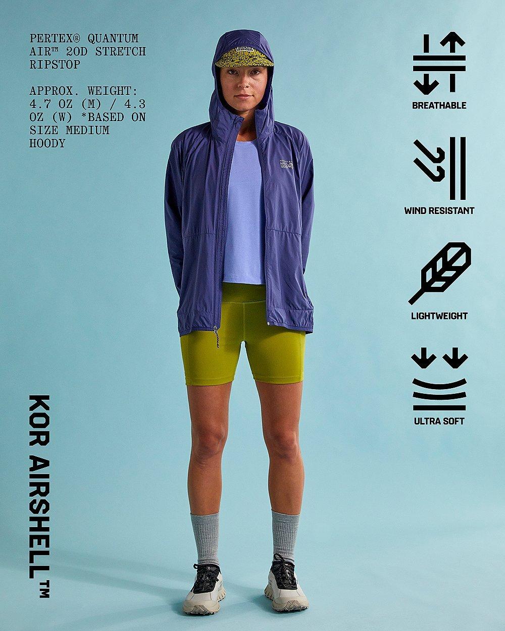 Kor AirShell Hoody: Breathable, Wind Resistant, Lightweight, Ultra Soft. Pertex® Quantum Air™ 20D stretch Ripstop. Approx. weight: 4.7 oz (M) / 4.3 oz (w) *based on size medium hoody.