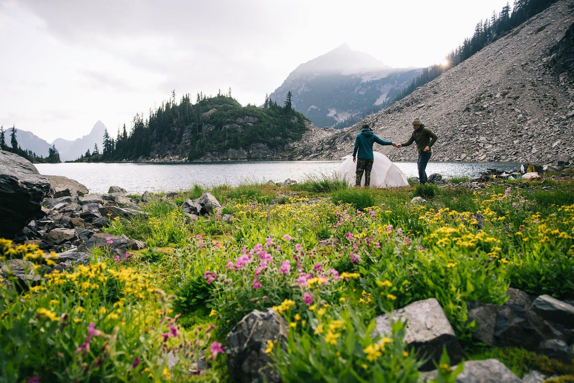 Setting up camp by an alpine lake surrounded by wildflowers and wild terrain.