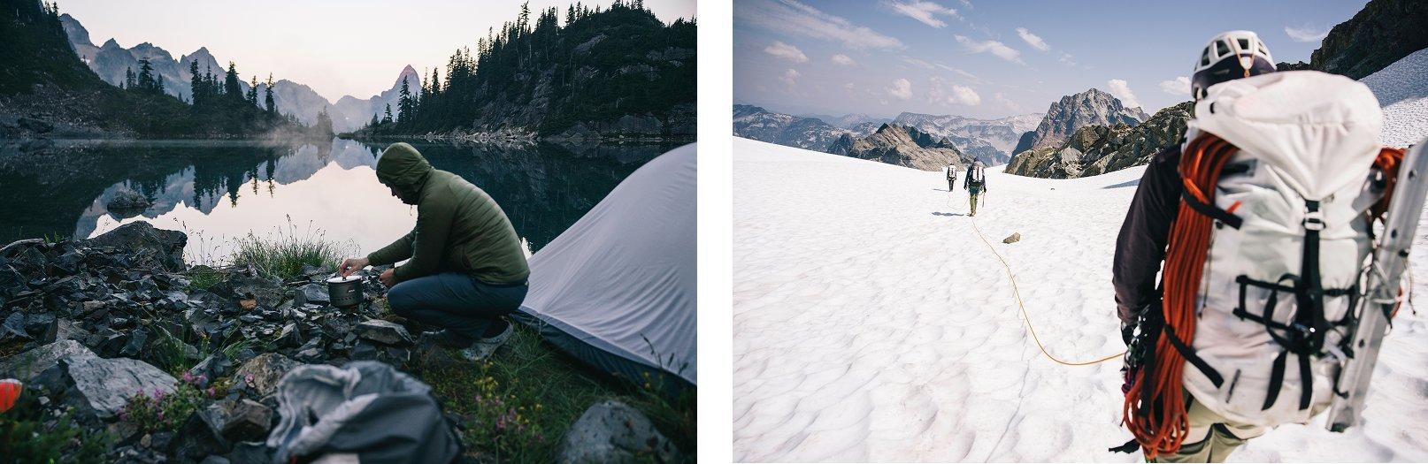Two images, side by side, the first making hot water for a cup of coffee by camp at the lake, and the second, climbing on the glacier.