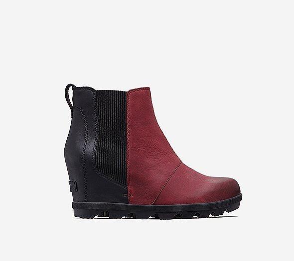 Profile view of a Rich Wine and black Joan Wedge Chelsea boot