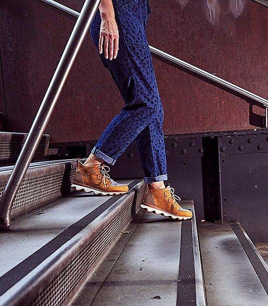 Women wearing Kinetic Caribou boots walking down the stairs outside the during the SOREL Mile-Long Runway event