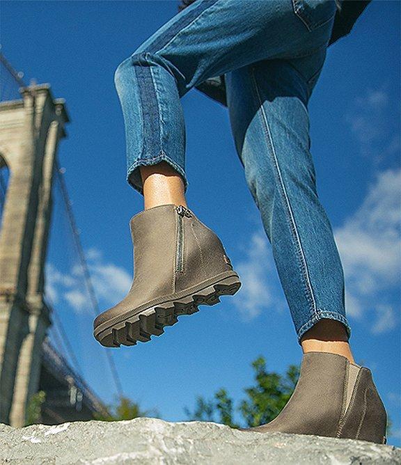 Three images of women wearing Joan Wedge boots walking through the city