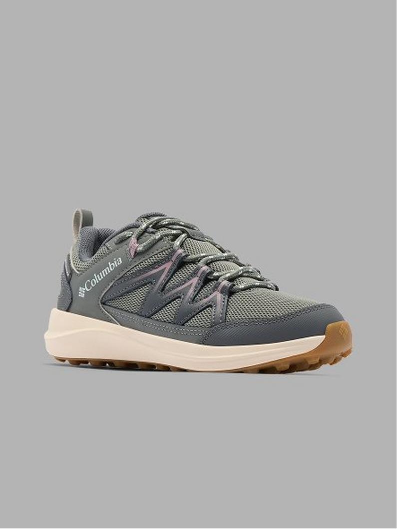 Athletic hiking shoe in olive green and gray with beige midsole and gum rubber outsole.