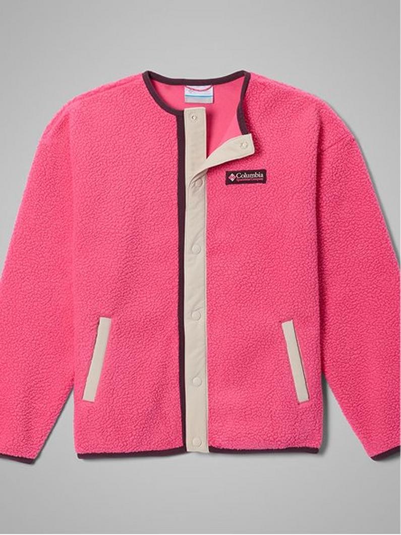 Pink fleece jacket with beige zipper and trim, featuring two front pockets and a chest pocket.