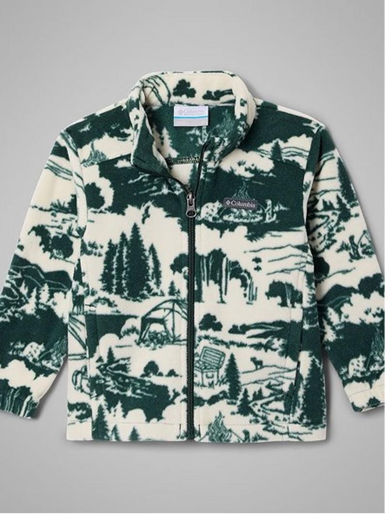Fleece zip-up jacket with green and cream winter landscape pattern featuring trees and outdoor scenes.