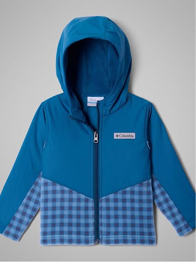 Blue hooded jacket with blue plaid pattern on lower half and sleeves, featuring front zipper closure.