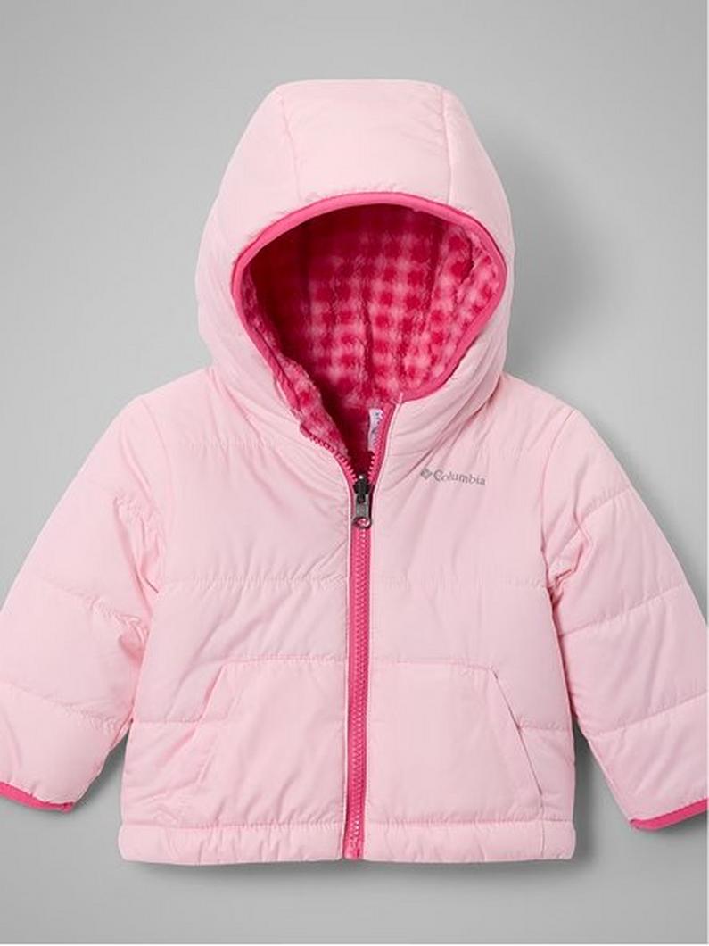 Pink quilted puffer jacket with hood and pink zipper, featuring fuzzy pink lining inside.