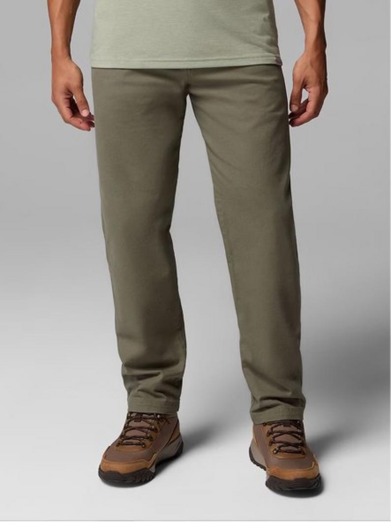 Waist-down image of a man wearing tan pants and sneakers with text: Bottoms
