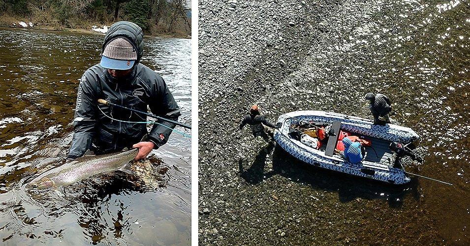 Curits Ciszek holding a fish in a river. Right, two men getting on a small boat on a river.