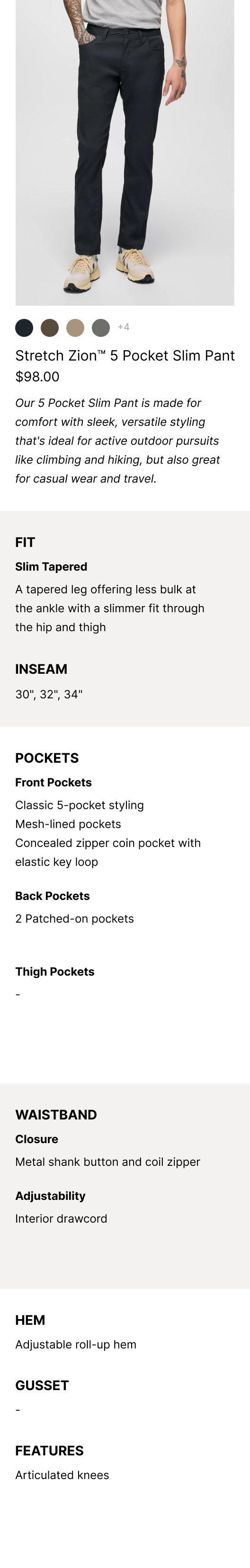 an image representing the Stretch Zion 5 Pocket Slim Pant and it's product features