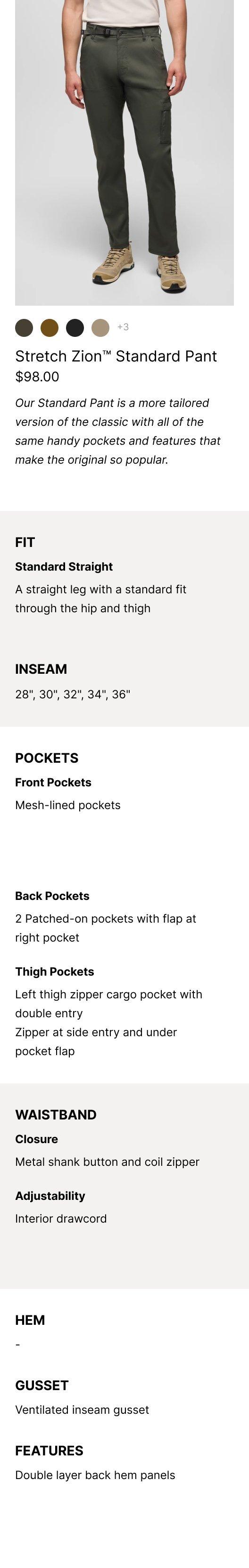 an image representing the Stretch Zion Standard Pant and it's product features