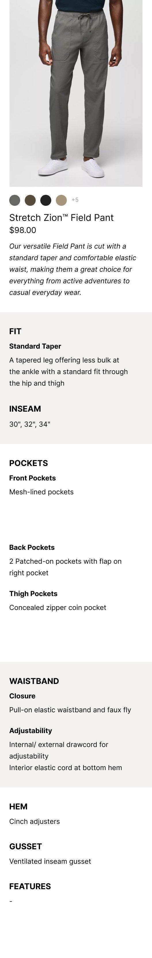 an image representing the Stretch Zion Field Pant and it's product features