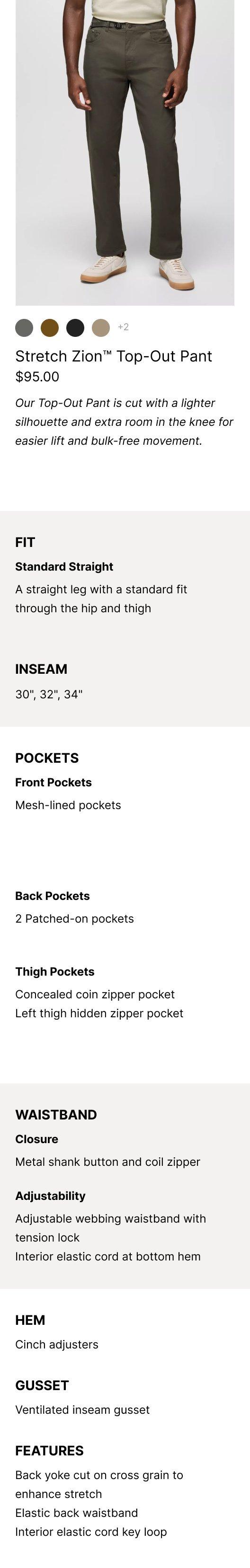 an image representing the Stretch Zion Top Out Pant and it's product features