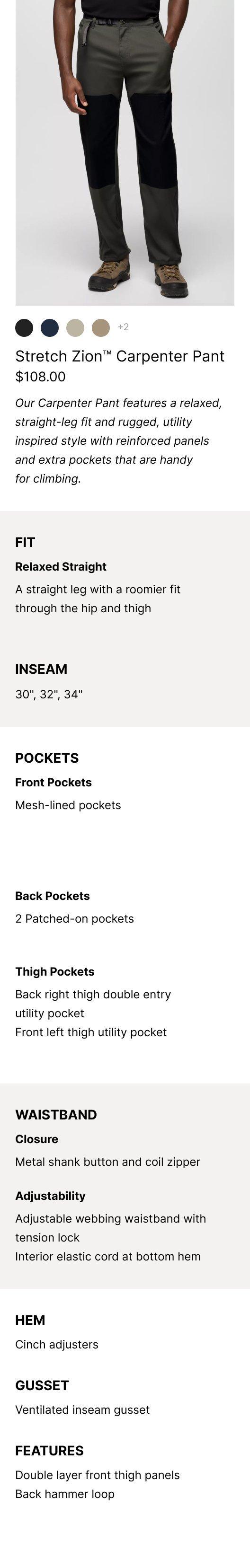 an image representing the Stretch Zion Carpenter Pant and it's product features