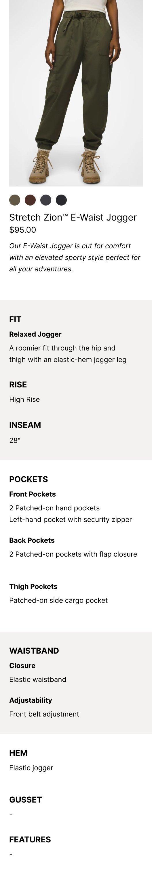 an image representing the Stretch Zion E-Waist Jogger and it's product features