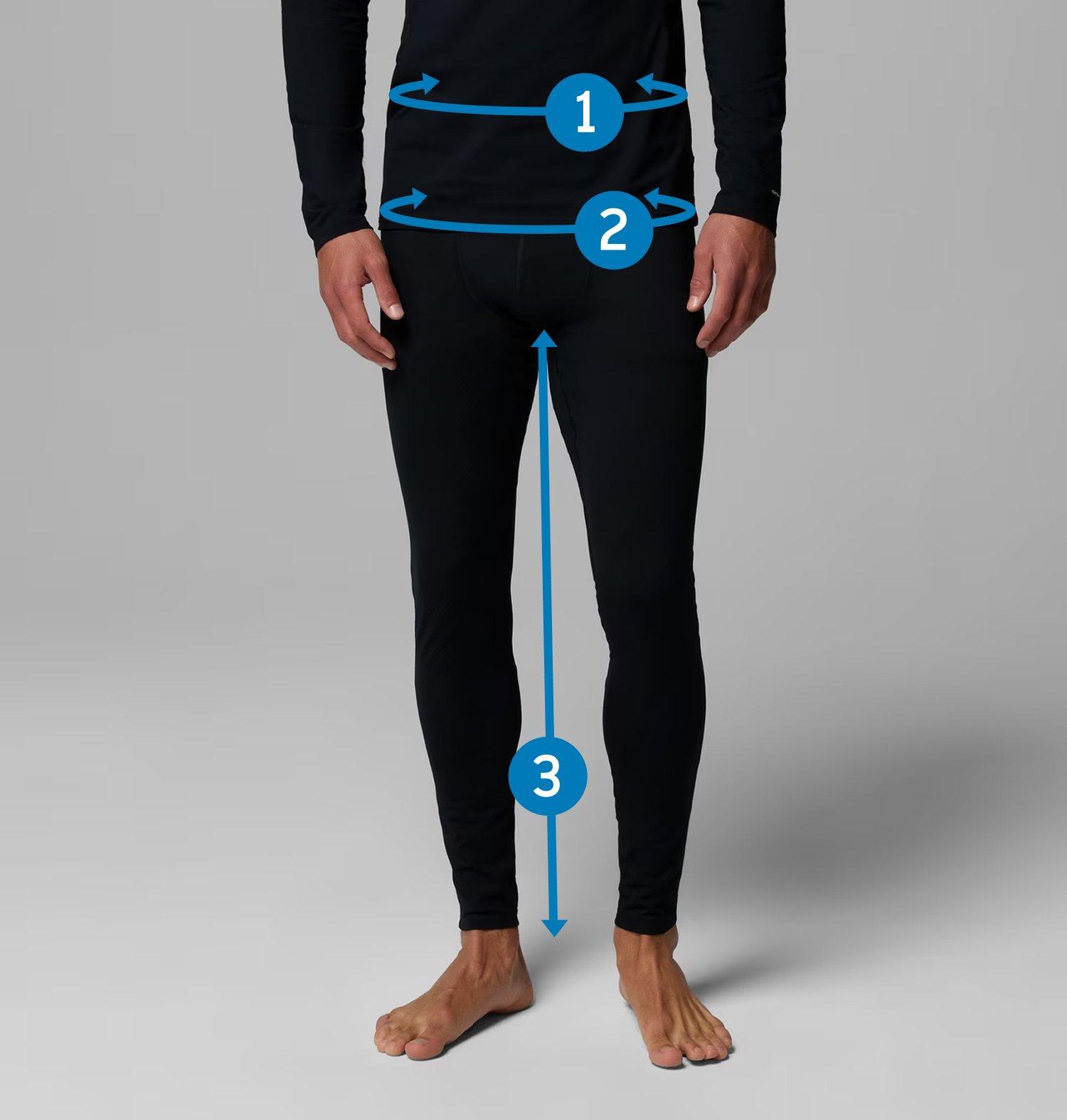 Model wearing athletic pants with measurement indicators for waist, hips, and inseam