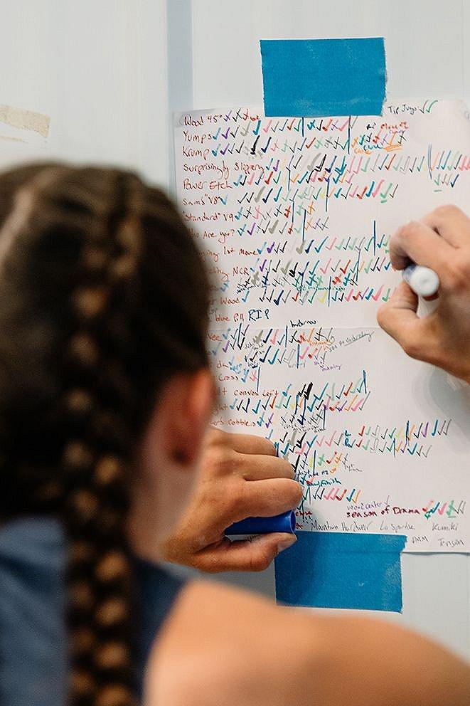 Over Kyra's shoulder, she marks off a check at her extensive training to do list