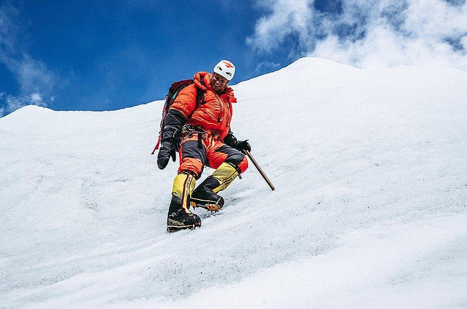 Garrett Madison product testing an Absolute Zero Suit, exploring glaciers at Everest Base Camp.
