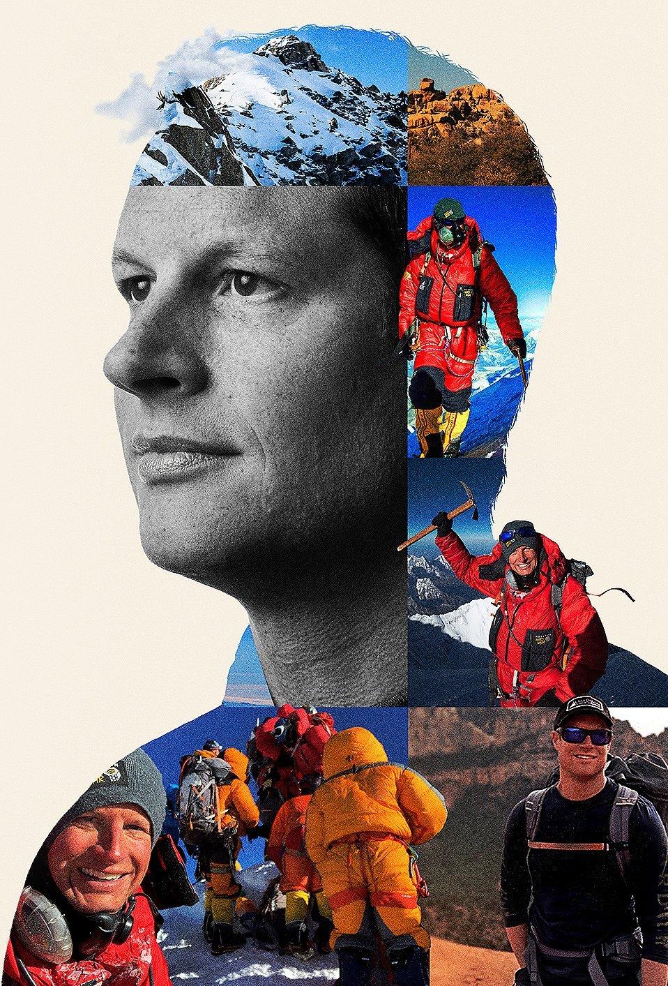 portrait of  Garrett Madison with a compilation of images of Garrett climbing Everest among other peaks.
