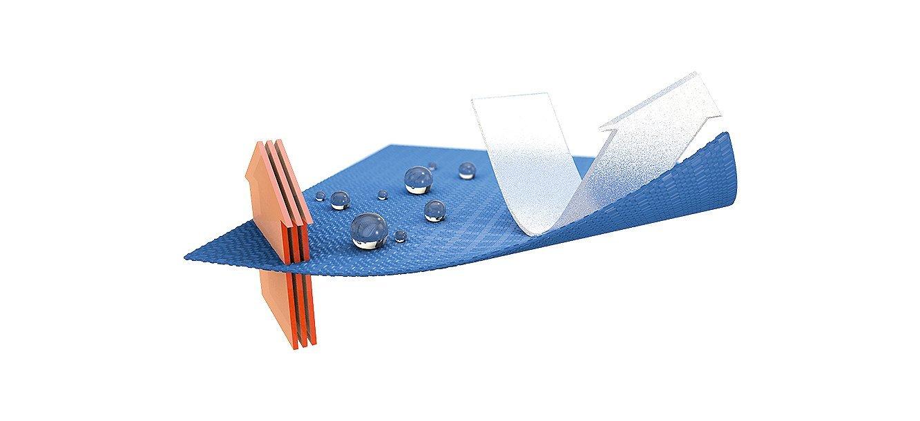 PERTEX QUANTUM AIR Technology diagram illustrating the fabric stopping water from going through while still staying breathable 