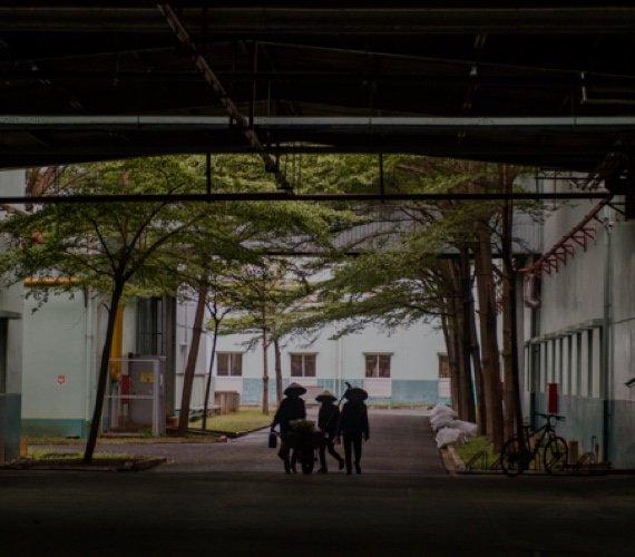 An image of several workers walking outside a factory. 
