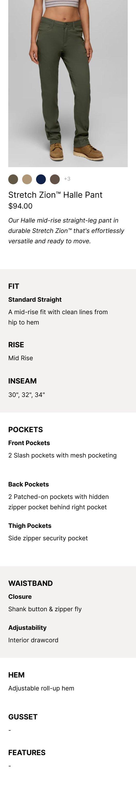 an image representing the Stretch Zion Halle Pant and it's product features