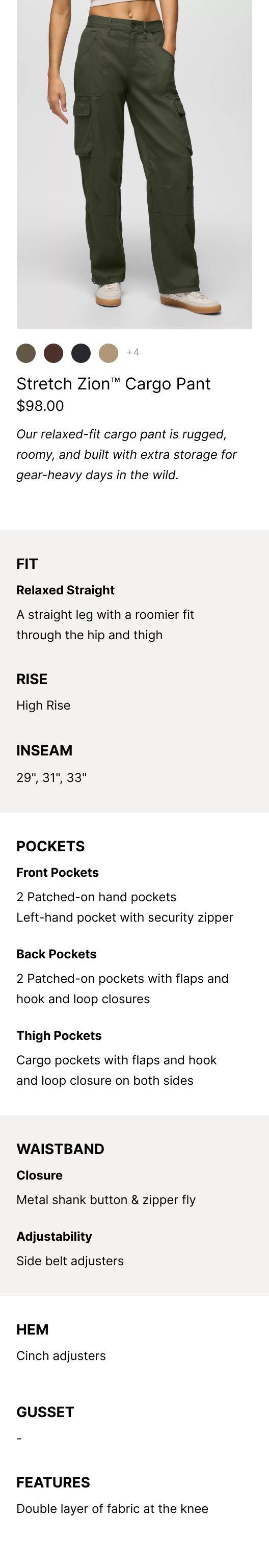 an image representing the Stretch Zion Cargo Pant and it's product features