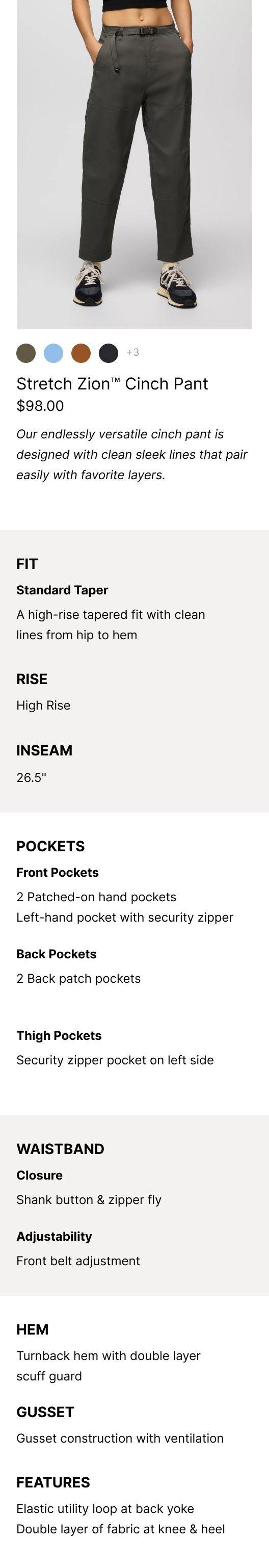 an image representing the Stretch Zion Cinch Pant and it's product features